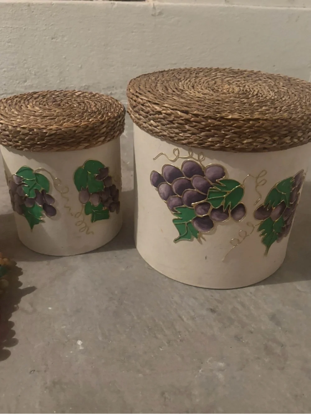 Pier 1  Cream and Green Grape Themed Canister Set with Decorative Fruit